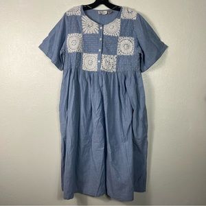 Blue chambray Lace crochet pearl floral patchwork vintage with pocket size large